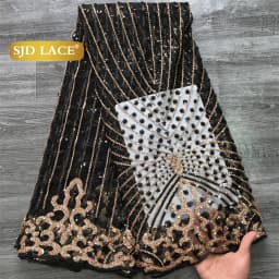 SJD LACE French Beaded Sequined Lace Fabric 5 Yards Nigerian Tulle Mesh Cloth For African Women Sewing Wedding Prom Party Evening Gown DIY Dress Material 3736