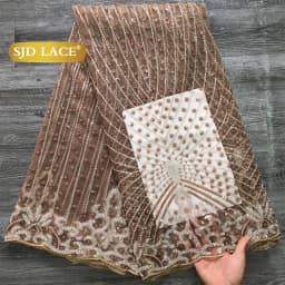 SJD LACE French Beaded Sequined Lace Fabric 5 Yards Nigerian Tulle Mesh Cloth For African Women Sewing Wedding Prom Party Evening Gown DIY Dress Material 3736