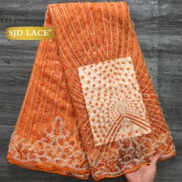 SJD LACE French Beaded Sequined Lace Fabric 5 Yards Nigerian Tulle Mesh Cloth For African Women Sewing Wedding Prom Party Evening Gown DIY Dress Material 3736
