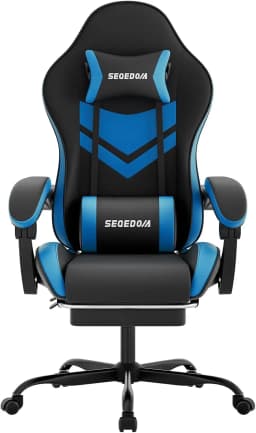 Gaming Chair with Footrest & Massage Lumbar Support, PU Leather Ergonomic High Back Swivel Height Adjustable Chair for Adults, Office Gaming, 300 lbs (Black Blue)