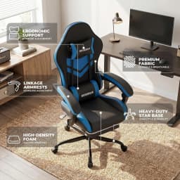 Gaming Chair with Footrest & Massage Lumbar Support, PU Leather Ergonomic High Back Swivel Height Adjustable Chair for Adults, Office Gaming, 300 lbs (Black Blue)