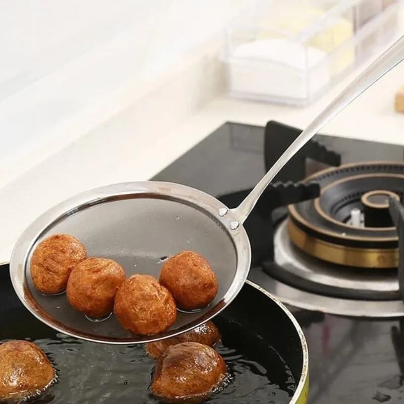 Stainless Steel Fat Skimmer Spoon - Fine Mesh Strainer for Grease, Gravy & Foam, Long Handle Japanese Hot Pot Skimmer