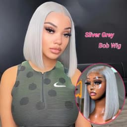 Short Straight Bob Human Hair Wig Silver Grey 13x6 HD Transparent Lace Front Bob Wigs For Women Gray Color Pre Plucked Hairline With Baby Hair 8 10 12 inch