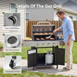 4-Burner 49000 BTU Propane Grill with Side Burner, Black Stainless Steel Gas Grill, Heavy-Duty Cooking Grates & Side Tables for Backyard Patio Camping