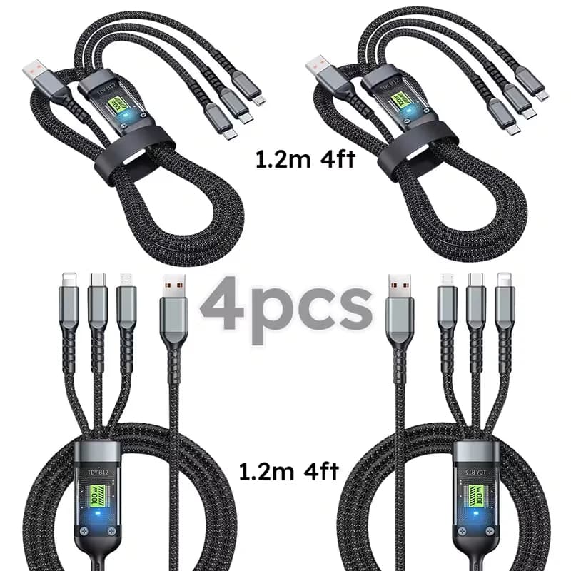 4PCS 3-IN-1 100W Nylon Woven Fast Charging Cable With Type-C, Micro USB, IP Port Compatible With Multiple Devices Multi Port Multiple Charging Wire