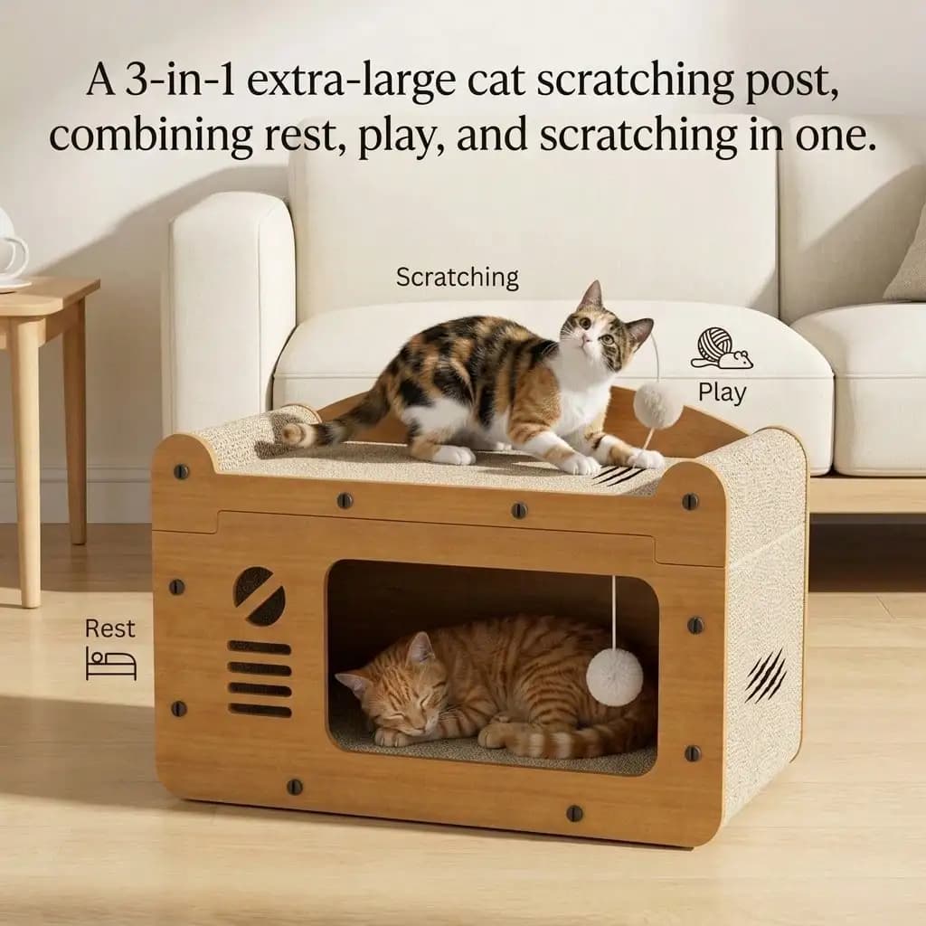 3-In-1 Cat Sofa Bed With Scratching Board, Multifunctional Cat House With Hanging Plush Ball Toy, Corrugated Cardboard Cat Scratcher Hideout For Indoor Kitten Rest & Play