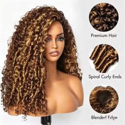 30 Inch Highlight Burmese Curly Half Wig Human Hair Wear and Go Wigs P4/27 Omber Brown to Honey Blonde 3-in-1 Machine Curly Wig For Women
