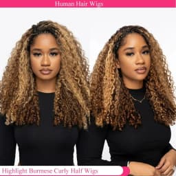 30 Inch Highlight Burmese Curly Half Wig Human Hair Wear and Go Wigs P4/27 Omber Brown to Honey Blonde 3-in-1 Machine Curly Wig For Women