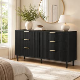 6 Drawer Storage Chest with Fluted Front Design, Wide Wood Dresser Cabinet with Metal Base for Home Organization