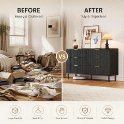 6 Drawer Storage Chest with Fluted Front Design, Wide Wood Dresser Cabinet with Metal Base for Home Organization