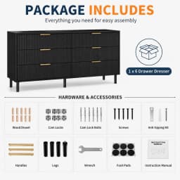 6 Drawer Storage Chest with Fluted Front Design, Wide Wood Dresser Cabinet with Metal Base for Home Organization