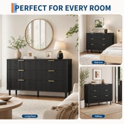 6 Drawer Storage Chest with Fluted Front Design, Wide Wood Dresser Cabinet with Metal Base for Home Organization
