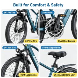 GT300‑24 Blue 24 Inch Adult Electric Bike 48V 23Ah Removable Lithium‑ion Battery Hydraulic Disc Brake Front Shock Absorber Smart LCD Display 3 Riding Modes City Commuter Mountain Ebike for Daily Travel Outdoor Recreation