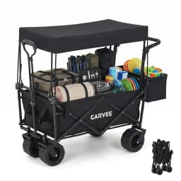 220LB Folding Utility Wagon Cart With Removable Canopy Tailgates Storage Pocket Push Pull Outdoor Beach Camping Garden Grocery Hauler