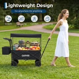 220LB Folding Utility Wagon Cart With Removable Canopy Tailgates Storage Pocket Push Pull Outdoor Beach Camping Garden Grocery Hauler
