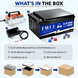 PWOD 48V 105Ah 100AH LiFePO4 Battery, Bluetooth Real-Time Monitoring Golf Cart Battery With Charger, 200A BMS,3A Active Balancing, MAX.5,376Wh, Low-Temp Protection, Rechargeable Lithium Battery
