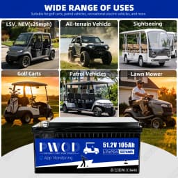 PWOD 48V 105Ah 100AH LiFePO4 Battery, Bluetooth Real-Time Monitoring Golf Cart Battery With Charger, 200A BMS,3A Active Balancing, MAX.5,376Wh, Low-Temp Protection, Rechargeable Lithium Battery