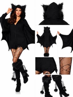 Women Cozy Bat Halloween Costume, Furry Cat Ear Hooded Zip‑Up Dress with Bat Wings, Vampire Animal Cosplay Outfit for Carnival Party