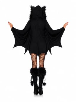 Women Cozy Bat Halloween Costume, Furry Cat Ear Hooded Zip‑Up Dress with Bat Wings, Vampire Animal Cosplay Outfit for Carnival Party