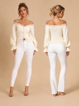 Elegant Off Shoulder Corset Crop Tops for Women, Ruffled Trim Puff Long Sleeve Smocked Back Button Down Blouse Casual Party Evening Shirt