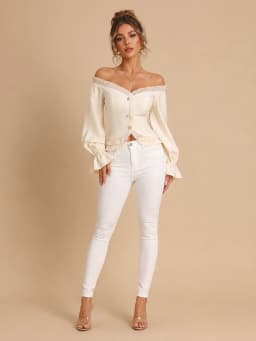 Elegant Off Shoulder Corset Crop Tops for Women, Ruffled Trim Puff Long Sleeve Smocked Back Button Down Blouse Casual Party Evening Shirt