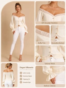 Elegant Off Shoulder Corset Crop Tops for Women, Ruffled Trim Puff Long Sleeve Smocked Back Button Down Blouse Casual Party Evening Shirt