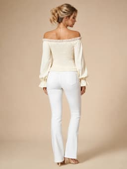 Elegant Off Shoulder Corset Crop Tops for Women, Ruffled Trim Puff Long Sleeve Smocked Back Button Down Blouse Casual Party Evening Shirt