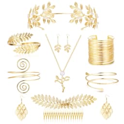 9 Pcs Greek Goddess Costume Accessories Set for Women Golden Laurel Leaf Crown Headband Upper Arm Coil Bracelet Pearl Leaf Dangle Earring Artificial Pearl Earrings Necklace Bridal Wedding