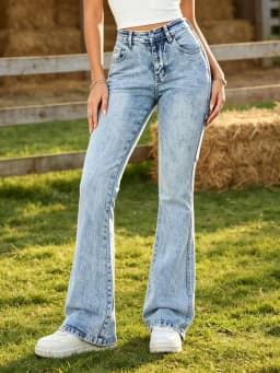 【HME】Jeans | Women Carpenter Pocket Design Denim Pants, High Waist Flare Bootcut Denim Jeans, Light Blue Snow Stone Wash, Tummy Control Butt-Lifting Optimize Waist-Hip Ratio, Flare Hem Lengthen Legs, American Retro Workwear Style, Versatile Casual Pants