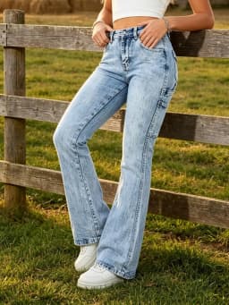 【HME】Jeans | Women Carpenter Pocket Design Denim Pants, High Waist Flare Bootcut Denim Jeans, Light Blue Snow Stone Wash, Tummy Control Butt-Lifting Optimize Waist-Hip Ratio, Flare Hem Lengthen Legs, American Retro Workwear Style, Versatile Casual Pants