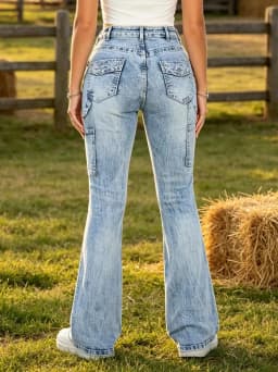 【HME】Jeans | Women Carpenter Pocket Design Denim Pants, High Waist Flare Bootcut Denim Jeans, Light Blue Snow Stone Wash, Tummy Control Butt-Lifting Optimize Waist-Hip Ratio, Flare Hem Lengthen Legs, American Retro Workwear Style, Versatile Casual Pants