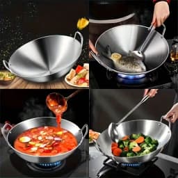 PQSQRJU 316 Stainless Steel Wok Pan And Fryer, Heavy-Duty Professional, Non-Stick Surface Even Heat Distribution, Compatible With Gas Electric Induction Stoves, Durable Construction Versatile Cooking Pot, Ergonomic Handle Design Polished End