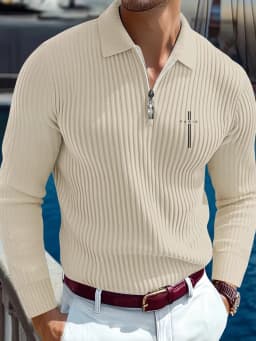Men's European Style Slim Fit Pique Knit Sweater with Half-Zip Collar Long Sleeve Versatile Polo for Yacht Vacation Commute