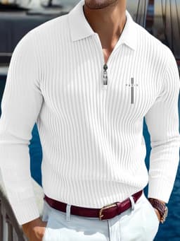 Men's European Style Slim Fit Pique Knit Sweater with Half-Zip Collar Long Sleeve Versatile Polo for Yacht Vacation Commute