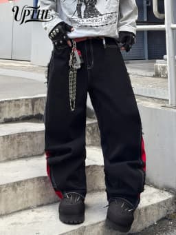 Men Y2K Baggy Wide Leg Jeans, Black Red Patchwork Dragon Print Raw Edge Denim Pants, Hip Hop Streetwear Loose Fit Casual Jeans for Men