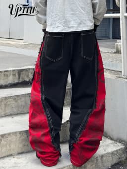 Men Y2K Baggy Wide Leg Jeans, Black Red Patchwork Dragon Print Raw Edge Denim Pants, Hip Hop Streetwear Loose Fit Casual Jeans for Men