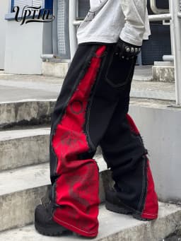 Men Y2K Baggy Wide Leg Jeans, Black Red Patchwork Dragon Print Raw Edge Denim Pants, Hip Hop Streetwear Loose Fit Casual Jeans for Men