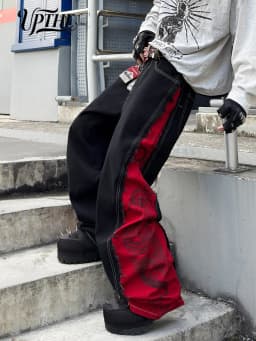 Men Y2K Baggy Wide Leg Jeans, Black Red Patchwork Dragon Print Raw Edge Denim Pants, Hip Hop Streetwear Loose Fit Casual Jeans for Men