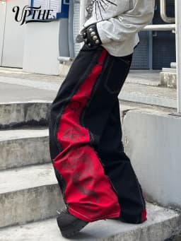 Men Y2K Baggy Wide Leg Jeans, Black Red Patchwork Dragon Print Raw Edge Denim Pants, Hip Hop Streetwear Loose Fit Casual Jeans for Men