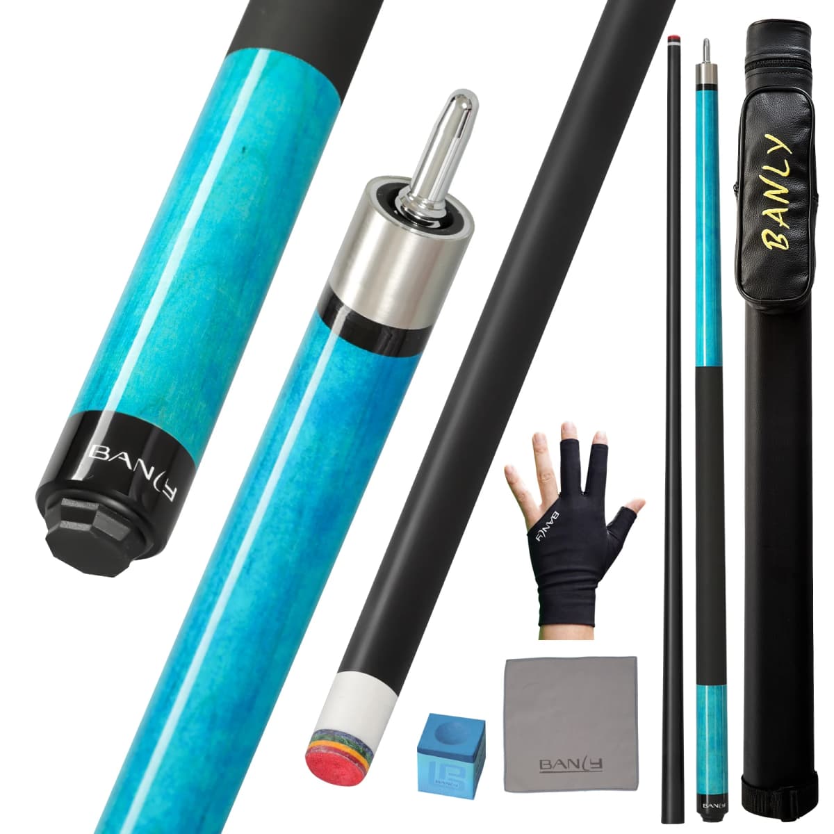 Banly Black Technology Pool Cue Stick with Case, Low Deflection Shaft and 12.5mm Tip, Uni-Loc Joint, Piano Lacquer Finish, Pool Cue Set with Glove, Chalk & Towel