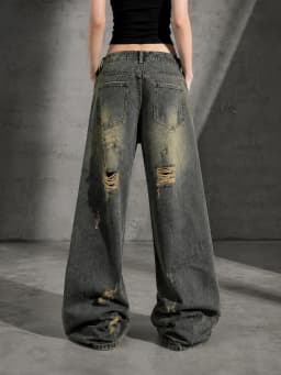 Distressed Ripped Baggy Wide Leg Jeans for Women Vintage Wash Destroyed Denim Pants Y2K Grunge Streetwear Loose Oversized Trousers