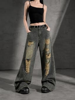 Distressed Ripped Baggy Wide Leg Jeans for Women Vintage Wash Destroyed Denim Pants Y2K Grunge Streetwear Loose Oversized Trousers