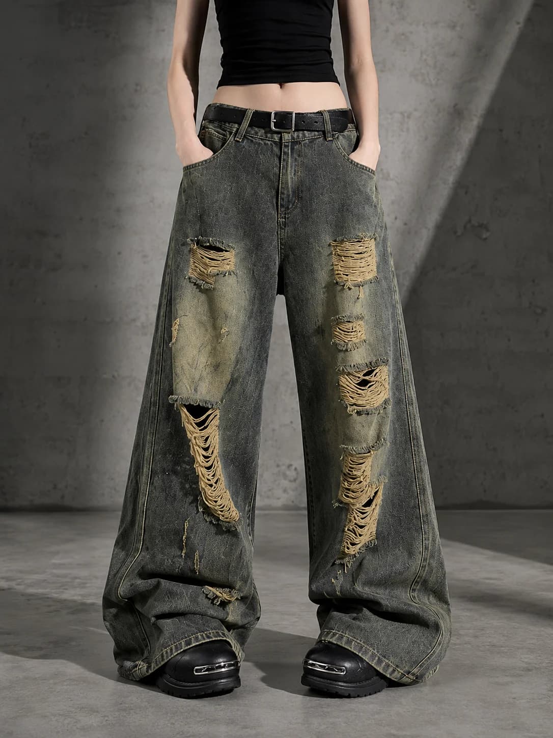 Distressed Ripped Baggy Wide Leg Jeans for Women Vintage Wash Destroyed Denim Pants Y2K Grunge Streetwear Loose Oversized Trousers