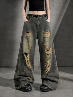Distressed Ripped Baggy Wide Leg Jeans for Women Vintage Wash Destroyed Denim Pants Y2K Grunge Streetwear Loose Oversized Trousers