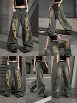 Distressed Ripped Baggy Wide Leg Jeans for Women Vintage Wash Destroyed Denim Pants Y2K Grunge Streetwear Loose Oversized Trousers