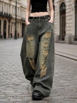 Distressed Ripped Baggy Wide Leg Jeans for Women Vintage Wash Destroyed Denim Pants Y2K Grunge Streetwear Loose Oversized Trousers