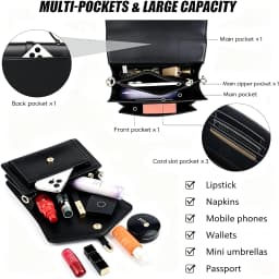 Women PU Leather Handbag Elegant Flap Square Shoulder Bag Metal Buckle Multi‑pocket Large Capacity Crossbody Purse Daily Work Office Satchel Bag