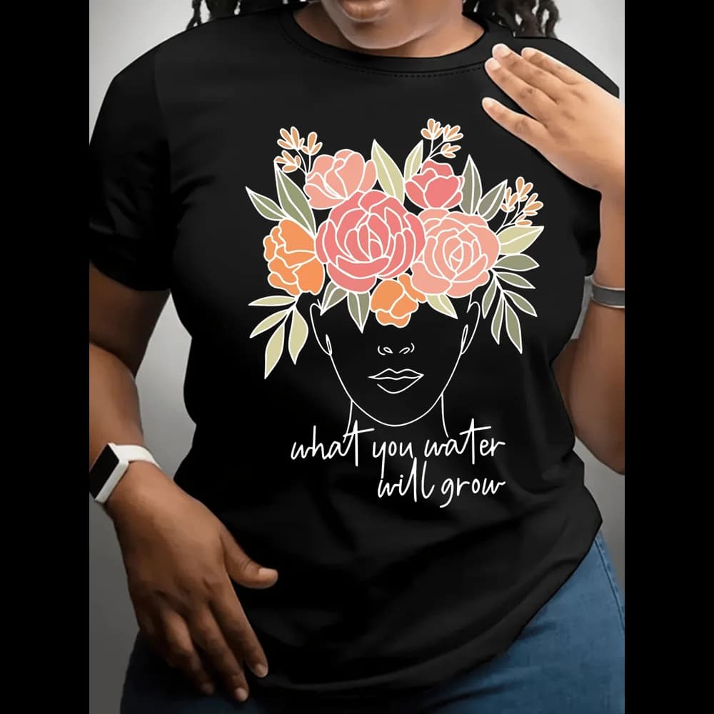 Plus Size Women Graphic T‑Shirt Floral Face Print Oversized Fit Short Sleeve Tee Casual Spring Summer Everyday Outfit Top