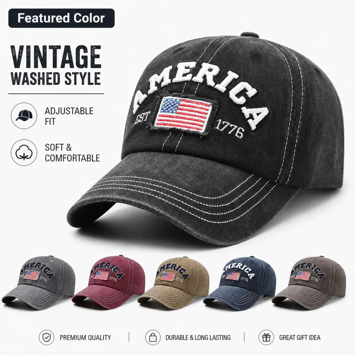 Vintage Washed Cotton Baseball Cap for Men Women USA Flag Embroidered Dad Hat Retro America 1776 Snapback Outdoor Sun Hats