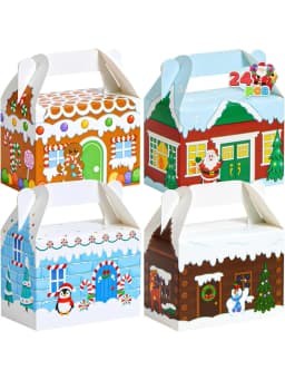 24 PCS 3D Christmas House Cardboard Treat Boxes for Holiday Xmas Goody 6" x 3.5" x 6" Goodie Cookie Boxes for Gift Giving, School Classroom Party Favor Supplies, 4 Designs Cardboard Candy Box